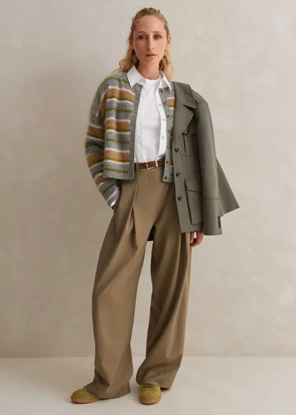 ME+EM Brushed Cashmere Crew Neck Stripe Cardigan | Women Cashmere