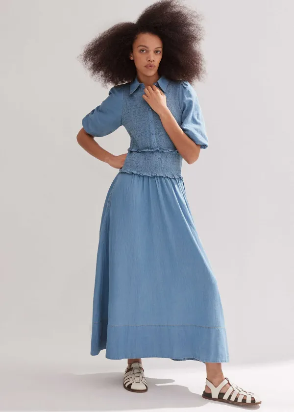 chambray_shirred_maxi_shirt_dress_2.webp ME+EM Chambray Shirred Maxi Shirt Dress | Women Maxi Dresses