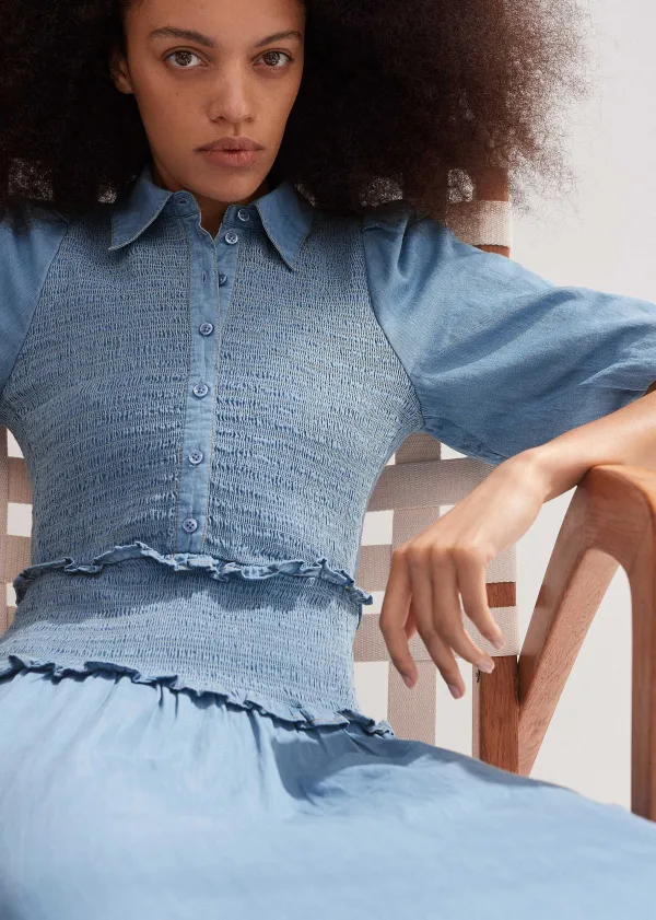 chambray_shirred_maxi_shirt_dress_4.webp ME+EM Chambray Shirred Maxi Shirt Dress | Women Maxi Dresses