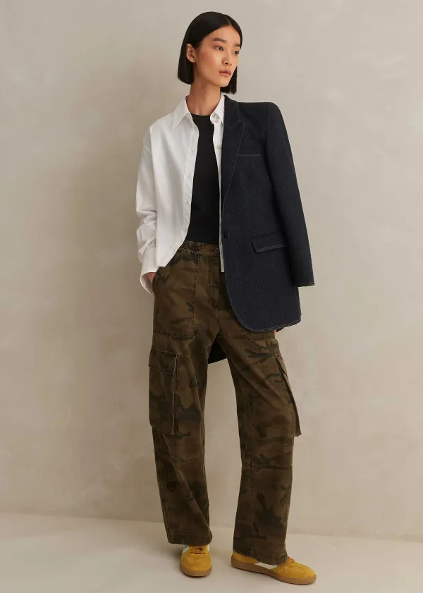 ME+EM Cotton Blend Denim Sharp Shoulder Blazer | Women Blazers