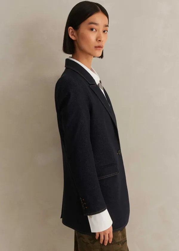 ME+EM Cotton Blend Denim Sharp Shoulder Blazer | Women Blazers