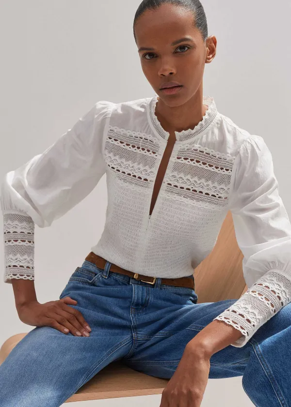 cotton_shirred_lace_trim_top_5.webp ME+EM Cotton Shirred Lace Trim Top | Women Blouses