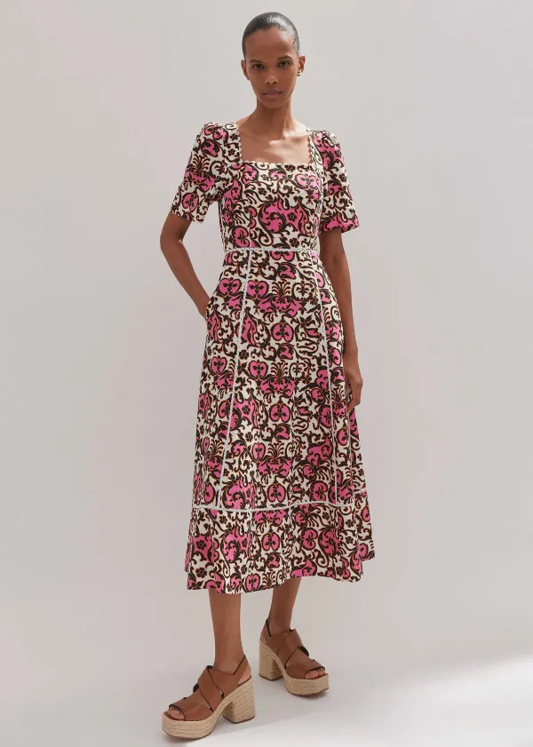 ME+EM Linen-Blend Baroque Print Midi Dress | Women Midi Dresses