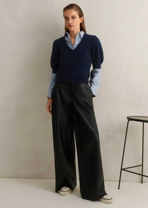 ME+EM Lofty Wool Cashmere Silk V Neck Pouf Sleeve Tee | Women T-Shirts