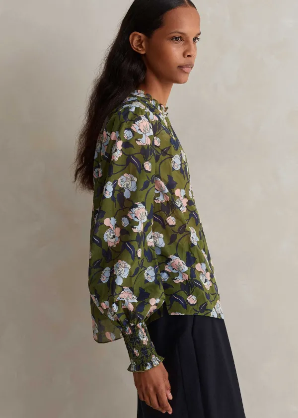 ME+EM Silk Cotton Rose Print Blouse | Women Blouses
