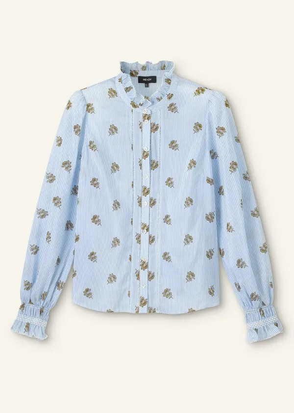 ME+EM Silk Cotton Striped Rose Print Blouse | Women Blouses