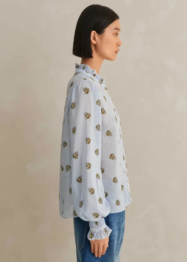 ME+EM Silk Cotton Striped Rose Print Blouse | Women Blouses