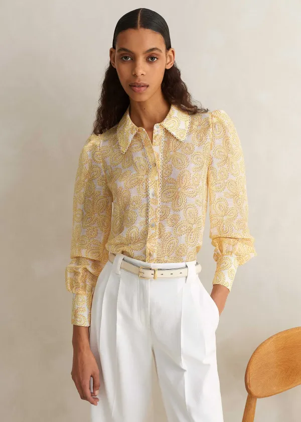 ME+EM Silk-Linen Lace Print Balloon Sleeve Blouse | Women Blouses